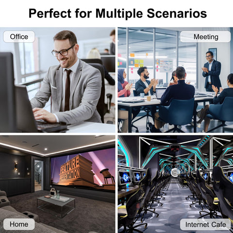 Split image showing office, meeting room, home theater, and internet cafe scenarios to illustrate versatile usage environments.