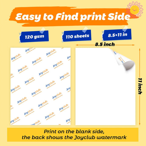 Premium Sublimation Paper 8.5x11 Inch 110 Sheets Fast Dry High Transfer Rate for Blank Tees with print side and watermark details.