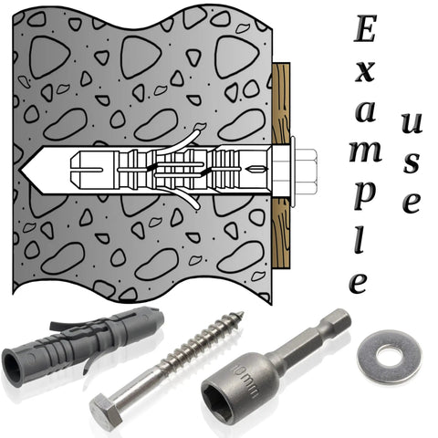Nylon Dowel Kit With 8 Tough 10X50 Dowels, 8 Stainless Steel A2 6X50 Bottom Screws, 8 A2 Washers For M6, diagram of use for masonry.