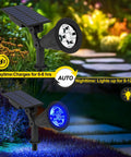 Blue Solar Spotlight Outdoor Lights Waterproof Auto On Off 180 Degree Adjustable For Trees Patio Yard Garden Driveway And Pool Area Twin Pack showing day charging and night lighting.
