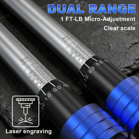 Close-up view of Nine Piece Torque Wrench Set With 1/4 3/8 1/2 Inch Drives, chrome plated with dual range calibration on handles.