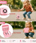 Kids Instant Print Camera Case With 3 Roll Paper Refills, Easy Carry Storage For Your Instant Photo Cameras, Fits Esoxoffore Dylanto Prograce Dududragon Careenoah Gktz ETIKEZ Yeehao Letshaha Enerhamp Anchioo Ytetch Amzelas Weefun Meetrye U. pink PU case with 3 paper refills, before and after protection demo