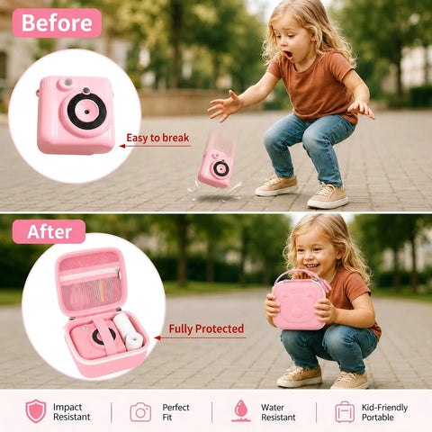 Kids Instant Print Camera Case With 3 Roll Paper Refills, Easy Carry Storage For Your Instant Photo Cameras, Fits Esoxoffore Dylanto Prograce Dududragon Careenoah Gktz ETIKEZ Yeehao Letshaha Enerhamp Anchioo Ytetch Amzelas Weefun Meetrye U. pink PU case with 3 paper refills, before and after protection demo
