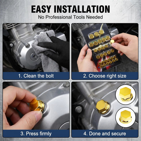 Hella Solid Gold Motorcycle Bolt Covers And Hexagon Engine Nut Caps With Wear Resistant Metal Screw Protectors during installation steps.