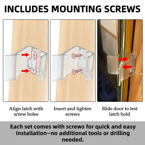 Installation steps for Universal Fit RV Sliding Mirrored Door Latch H527 Replacement, showing align, tighten, and test.