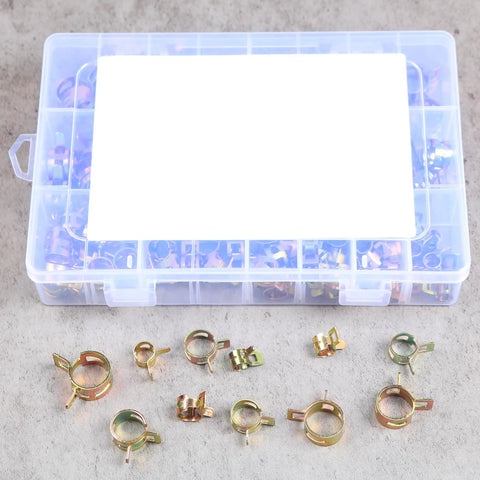 160Pcs Spring Band Hose Clamps Kit for Auto Repair, Fuel Line, Silicone Vacuum, in organizer case, 8 sizes 6mm-17mm shown