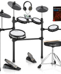 Multi Zone Electronic Drum Set With Four Dual Trigger Quiet Mesh Pads 360 Sounds 10 User Kits Cymbals With Choke Throne Headphones And Beginner Lesson Book For Easy Practice Jam Ready.