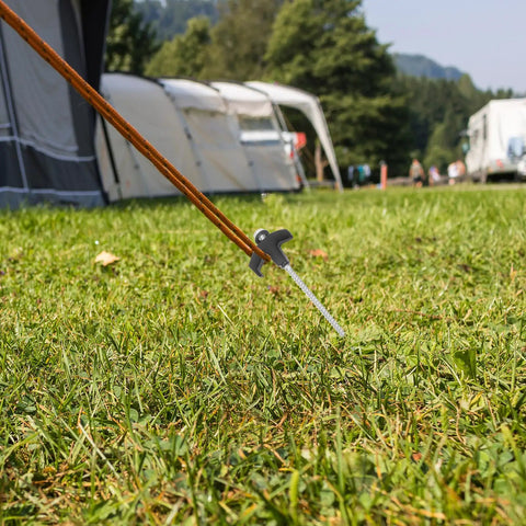 Heavy Duty Carbon Steel Tent Stakes Set With Plastic Head And Gray Remover Tool 8x200mm Screw Ground Anchors in grass