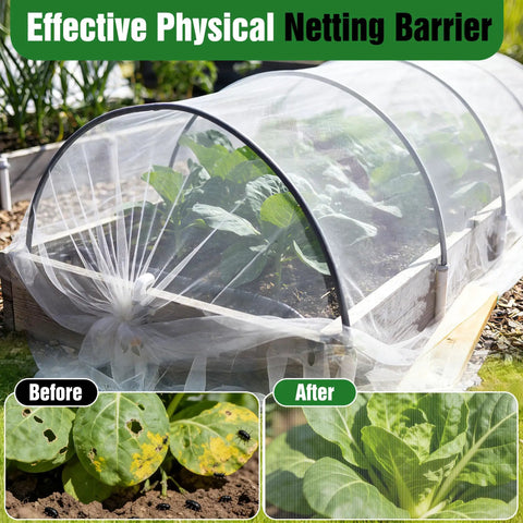 Ultra Fine Garden Mesh Netting 10x50 Ft Pest Barrier installed over raised bed protecting plants while allowing sunlight and air.