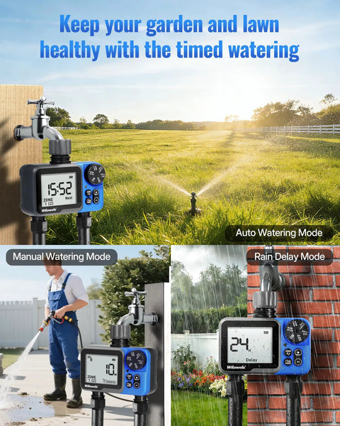 Two Zone Hose Timer With Independent Outlets Rain Delay Manual Watering And Programmable Schedule For Lawn Garden Yard