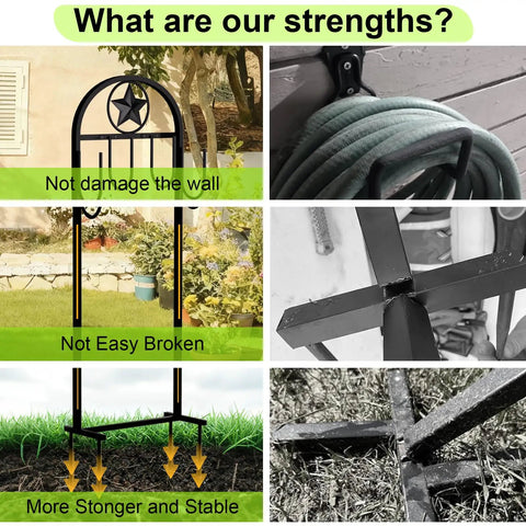 Collage showcasing Upgraded Garden Hose Holder With Four Point Stable Base Freestanding Heavy Duty Hose Reel for durability and stability.