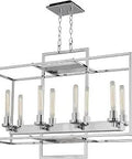 36 Inch 8 Light Linear Chandelier In Lantern Style Cubic Cage Openwork Design Rustic Industrial Vibe Black Ceiling Island Pendant Lamp With Adjustable Chain E26 Base Bulb Not Included, showcasing a chrome cubic cage and exposed bulbs.
