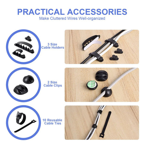 Practical accessories for cable management including 3 size cable holders, 2 size cable clips, and 10 reusable cable ties.