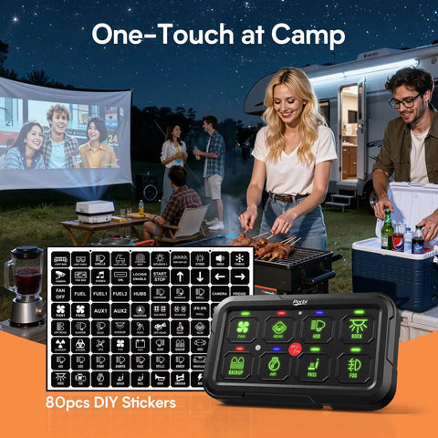 RGB 8 Gang Switch Panel With Momentary Toggle And Pulsed Memory for outdoor camping with 80pcs DIY stickers visible