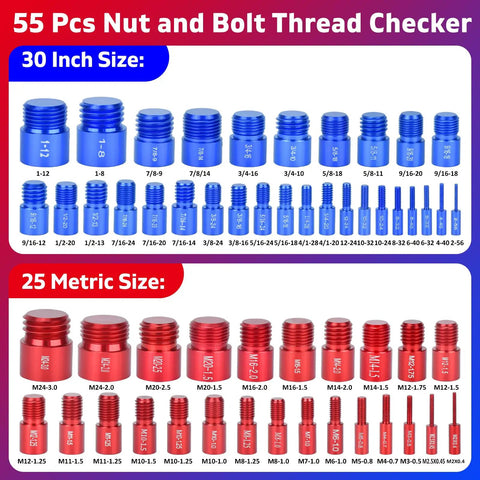 Assorted 55 Piece Thread Gauge Set for Nuts and Bolts with 30 inch standard and 25 metric sizes displayed separately.