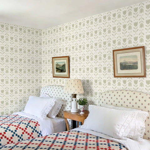 Fresh Green Floral Wallpaper Peel And Stick Self Adhesive Tulip Contact Paper Rental Friendly Home Decor in a cozy bedroom.