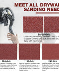 Pro Level 9 Inch 10 Hole Hook And Loop Sanding Discs Set With Free Foam Sponge For Drywall Refinishing display of different grit ratings.