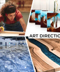 Collage showing artisan crafting, resin decorations, epoxy floors, and wooden tables with resin inlays.