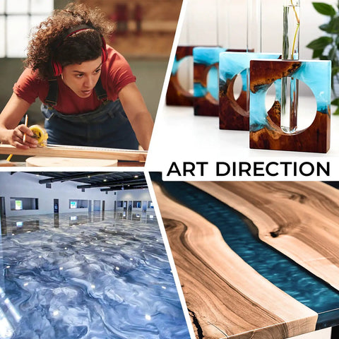 Collage showing artisan crafting, resin decorations, epoxy floors, and wooden tables with resin inlays.