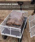 Heavy Duty Steel Utility Garden Cart hauls up to 1000 pounds with removable sides and 13 inch pneumatic tires, shown with mulch.