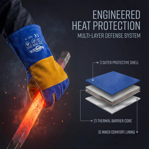 Blue 16 Inch Welding Gloves Fire Resistant Leather With Double Layer Padding For Stick Welders MIG Flux Core Forge Blacksmith