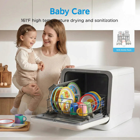 Self Contained Countertop Dishwasher With Built In Water Tank And Gentle Baby Care Mode showing child-friendly dishes and cups.