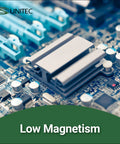 Close-up of a circuit board highlighting low magnetism with electronic components and Unitec branding.