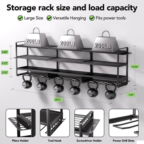 Power Tool Wall Mount Organizer With Charging Station And 8 Outlet Strip Heavy Duty Garage Drill Rack dimensions and features.