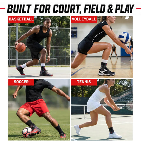 Athletes playing basketball, volleyball, soccer, and tennis wearing Pro Grade Ankle Brace For Sprain Prevention And Recovery With Bio Flex Therapy Support, Low Profile Lightweight Guard Built For Basketball, Volleyball, Football, Soccer And More, Easy Adjustable Ankle Wrap For Total Comfort And Support.