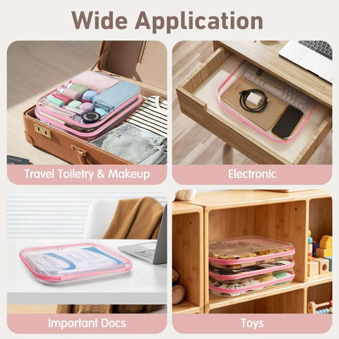 Rock Solid Clear Hard Shell Zippered Storage Cases With Name Tags 3 Pack, clear pink containers for travel toiletries and makeup.
