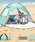 Family sitting inside Ultra Spacious Beach Tent For 3 To 4 People With Easy Setup, UPF 50 Plus UV Protection, at the beach