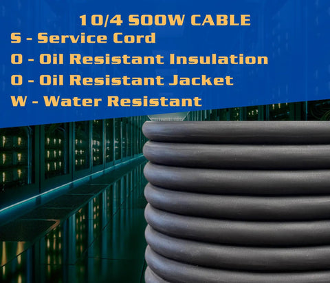 Heavy Duty 10/4 SOOW Cable 20 Feet 10 Gauge Wire Tough As Nails Oil Resist Power Extension Cord 600V close-up showing insulation features.