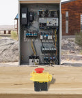 Heavy Duty Waterproof Five Pin Electromagnetic Pushbutton Switch With IP54 Seal And No Volt Release For Mini Metal Lathe And Job Site Power Tools Yellow Black on workbench next to control panel.