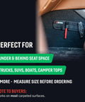 Tech Panel Small 2.5 By 9.5 Inch Universal Vehicle MOLLE Organizer behind car seat showing pouches and clips attachment.