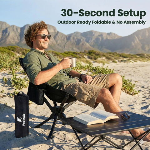 Man relaxing in Ultra Portable Folding Camping Chair With No Assembly 360 Degree Swivel Lightweight One Piece Design for adults on beach