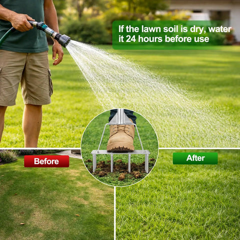 Before and after using the Two In One Lawn Aerator And Core Aerator Tool With Nine Spikes And Six Cores shown with watering instructions.