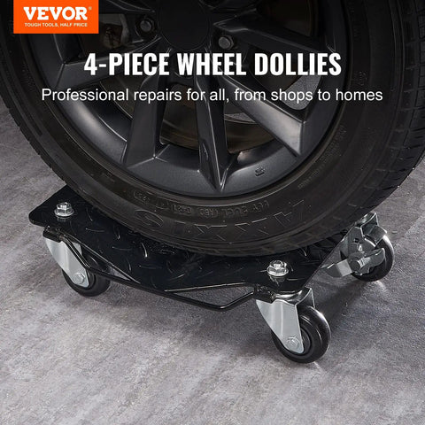 Heavy Duty Car Wheel Dollies Moving Cart With Locking Brakes Rock Solid Vehicle Hauler under a tire on gray floor.
