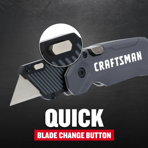 Heavy Duty Compact Folding Utility Knife Featuring Slick One Hand Push Button Opening Reversible Carry Clip Quick Blade Swaps And Tough As Nails Lifetime Guarantee For Real World Professionals close-up of quick blade change button and safety tip.