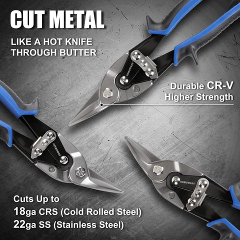 Three Pack Aviation Tin Snips 10 Inch Set For Cutting Sheet Metal Heavy Duty CR V Steel Straight Left And Right Cut
