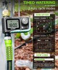 Brass Inlet With Brass Swivel Sprinkler Timer With Rain Delay And Manual Watering Digital Hose Irrigation System Kit For Lawns 1 Outlet Durable Metal Filter Gaskets To Stop Sediment Weatherproof Yard Water Timer in use, showing digital display and green hose connection.