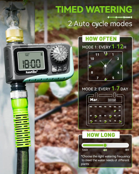 Brass Inlet With Brass Swivel Sprinkler Timer With Rain Delay And Manual Watering Digital Hose Irrigation System Kit For Lawns 1 Outlet Durable Metal Filter Gaskets To Stop Sediment Weatherproof Yard Water Timer in use, showing digital display and green hose connection.