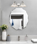 Welton 19 Inch Two Light Modern Farmhouse Vanity Light With Dual Funnel Shades Industrial Wall Sconce in bathroom setting