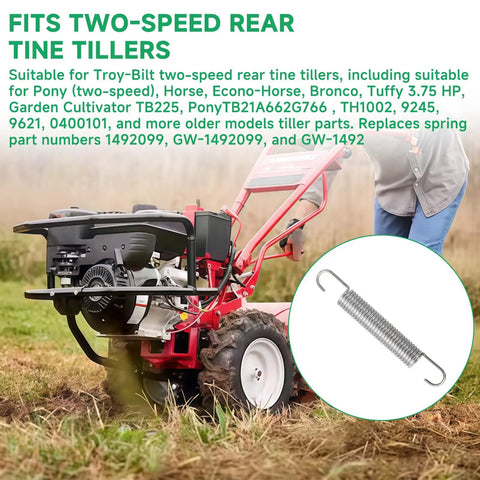 1492099 Tiller Clutch Spring For Two-Speed Rear Tine Tillers, heavy-duty fit for Troy-Bilt models, shown next to a tiller
