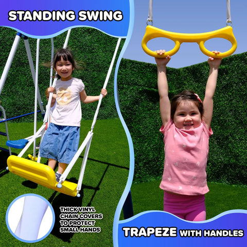 Kids enjoying Heavy Duty Outdoor Metal Swing Set with standing swing and trapeze, 5 foot slide and features for backyard fun