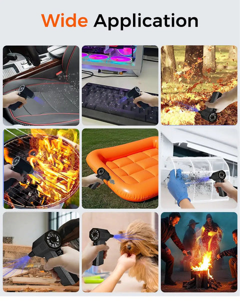 Beast Mode Powerful Cordless Air Duster With 180000 RPM Turbo Fan used on car, keyboard, leaves, inflatable, grill, hair, campfire.