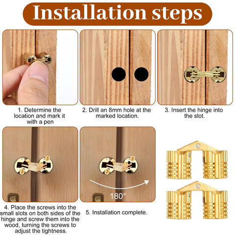 Installation steps for 8mm Hidden Brass Barrel Hinges Set For DIY Jewelry Boxes And Small Wooden Boxes, 180 Degree Concealed Cabinet Hinges In Solid Brass With Rust Resistant Gold Tone Finish, Includes 4 Hinges