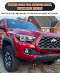 Red truck with Two Pack D Ring Shackles 3/4 Inch Heavy Duty Tow Shackles with 7/8 Inch Screw Pin and black isolator washer attached.