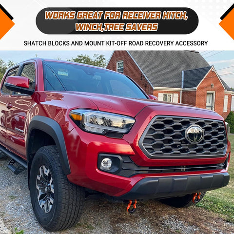 Red truck with Two Pack D Ring Shackles 3/4 Inch Heavy Duty Tow Shackles with 7/8 Inch Screw Pin and black isolator washer attached.