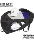 Defender 5 Duffel Bag Built For Sports, Gym And Travel With A Water Resistant Base, open with clothes and shoes visible