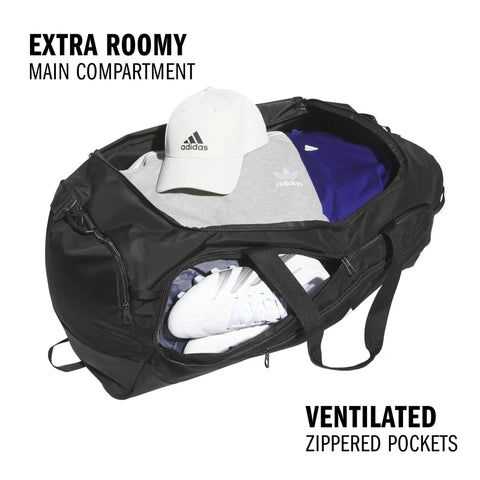 Defender 5 Duffel Bag Built For Sports, Gym And Travel With A Water Resistant Base, open with clothes and shoes visible